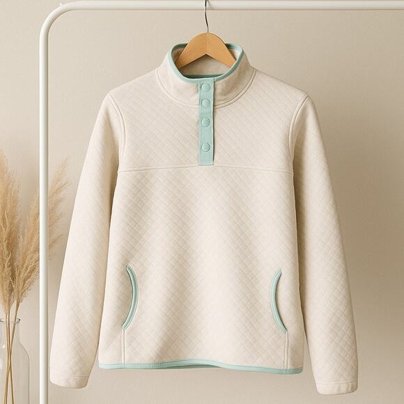 Jones New York Quilted 1/4 Snap Mock Neck Pullover Jacket Cream Womens Large - Picture 1 of 5